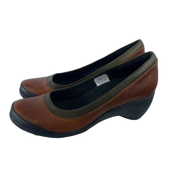 Merrell Shoes Merrell Womens Veranda Brown Leather Wedge Heel Pump Slip On Shoes Size 75